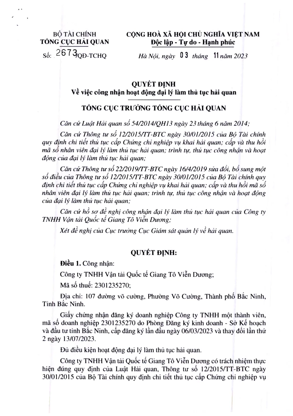 Trang 1 Quyết định 2673/QĐ-TCHQ ngày 03/11/2023 của Tổng cục Hải quan công nhận Công ty TNHH Vận tải quốc tế Giang Tô Viễn Dương là đại lý làm thủ tục hải quan